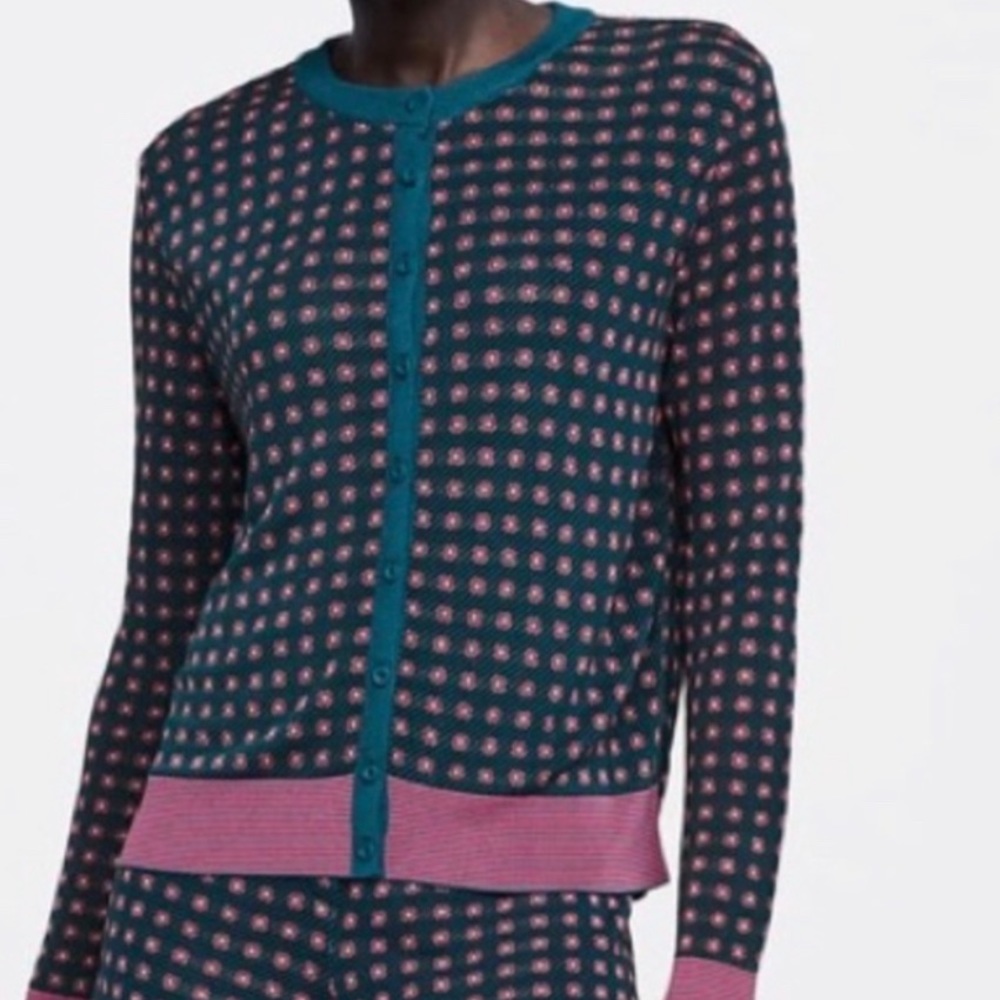 Zara knit jacquard button down cardigan sweater